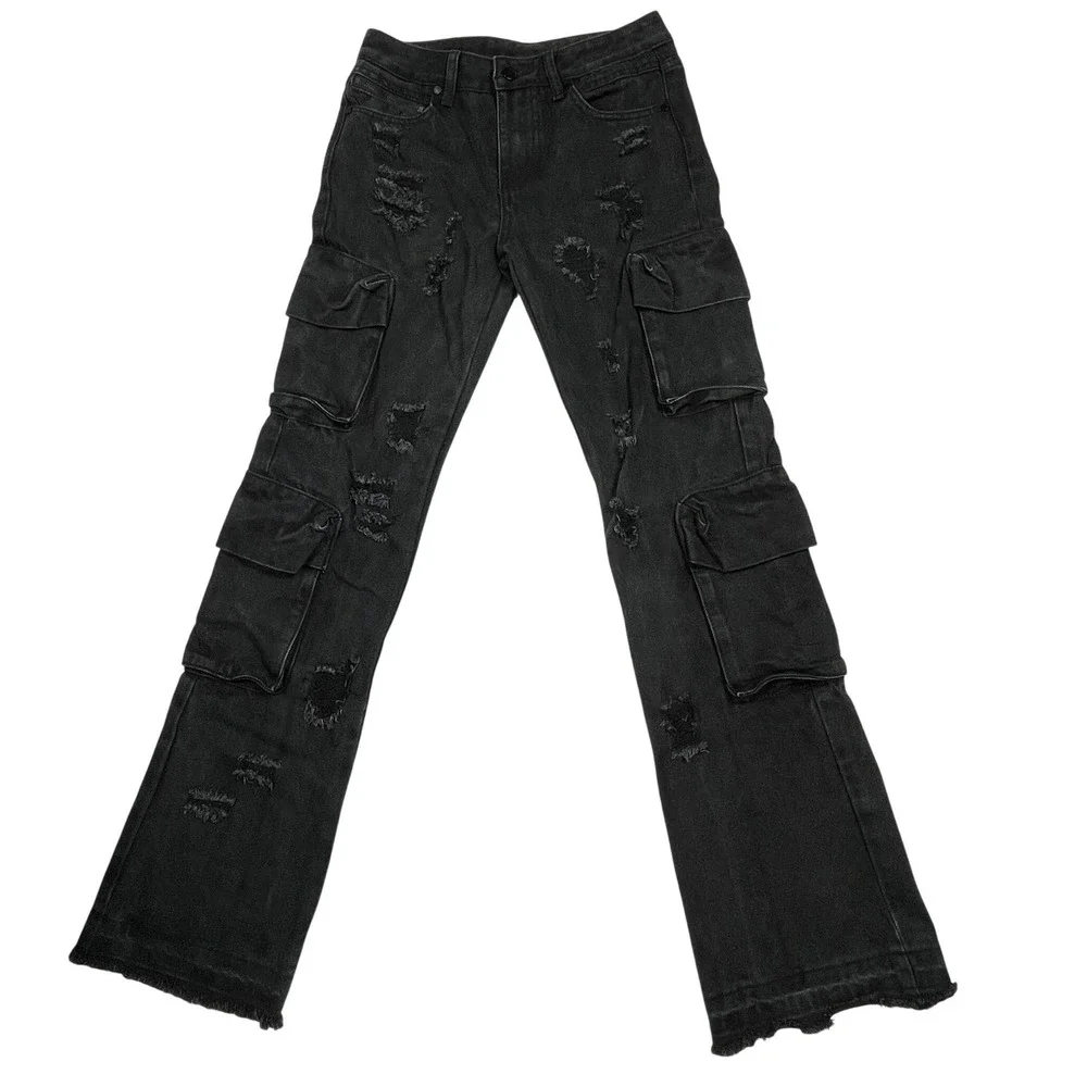 🔥 Rockstar Original Boys Sz 14 Black Distressed Cargo Jeans Raw Hem -Streetwear